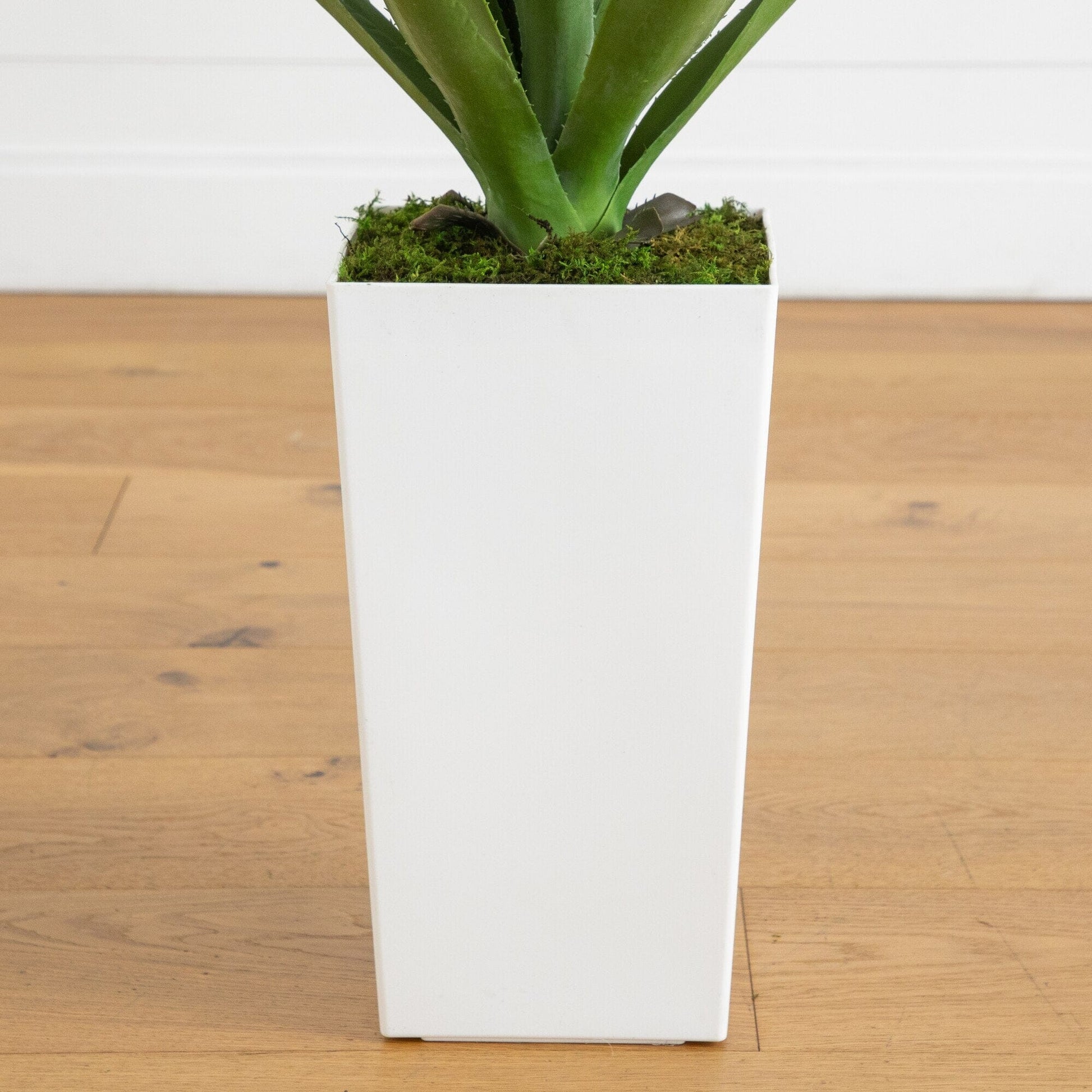Artificial agave plant in white tower planter with green leaves and moss bed indoor/outdoor on Tampa Home & Garden Store