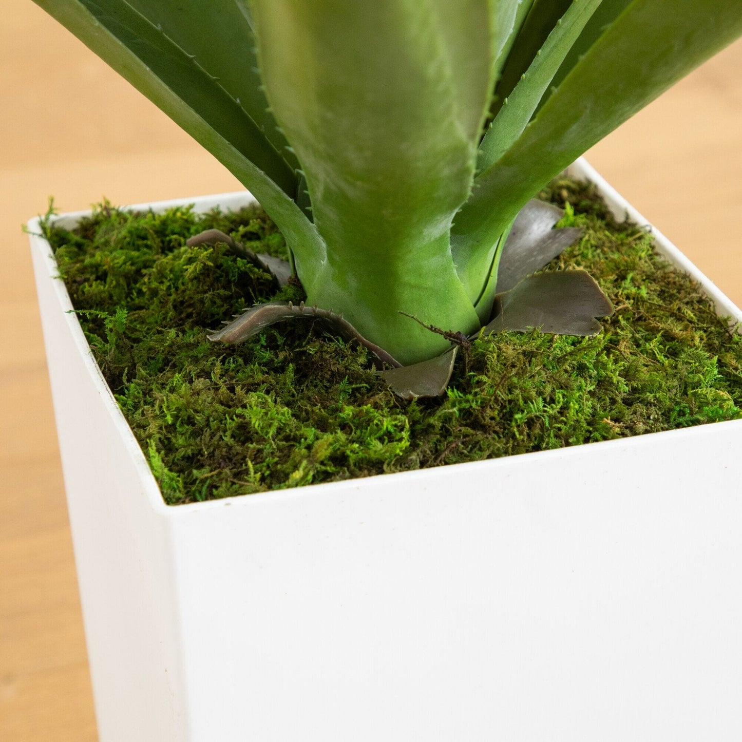 Artificial agave plant in a white tower planter with green leaves and moss on Tampa Home & Garden Store