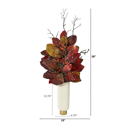 Autumn Magnolia Leaf with Berries stem by Nearly Natural in cream planter with gold base on Tampa Home & Garden Store