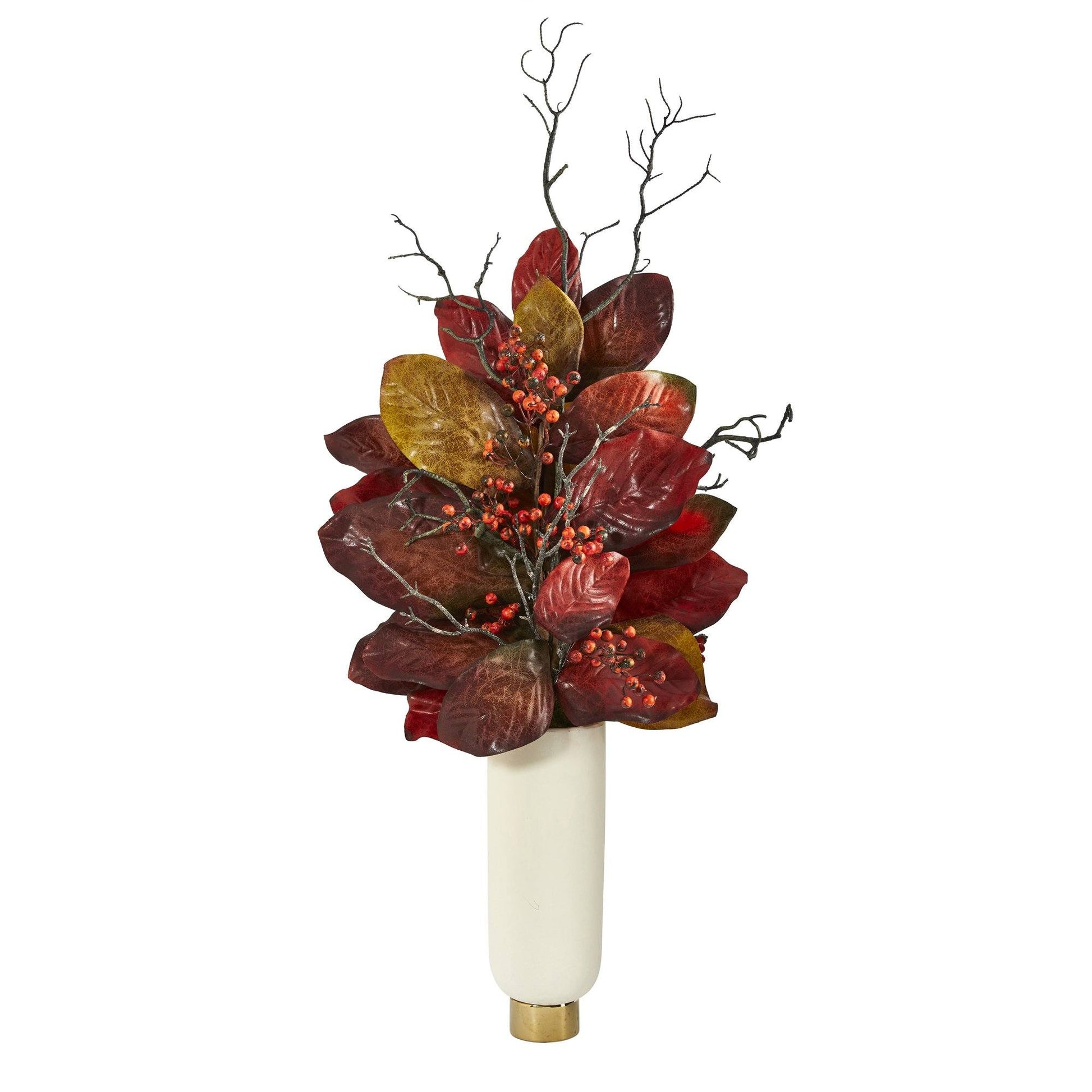 Autumn Magnolia Leaf with Berries stem 38in in cream planter with gold base Nearly Natural on Tampa Home & Garden Store