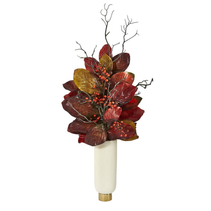 Autumn Magnolia Leaf with Berries stem 38in in cream planter with gold base Nearly Natural on Tampa Home & Garden Store