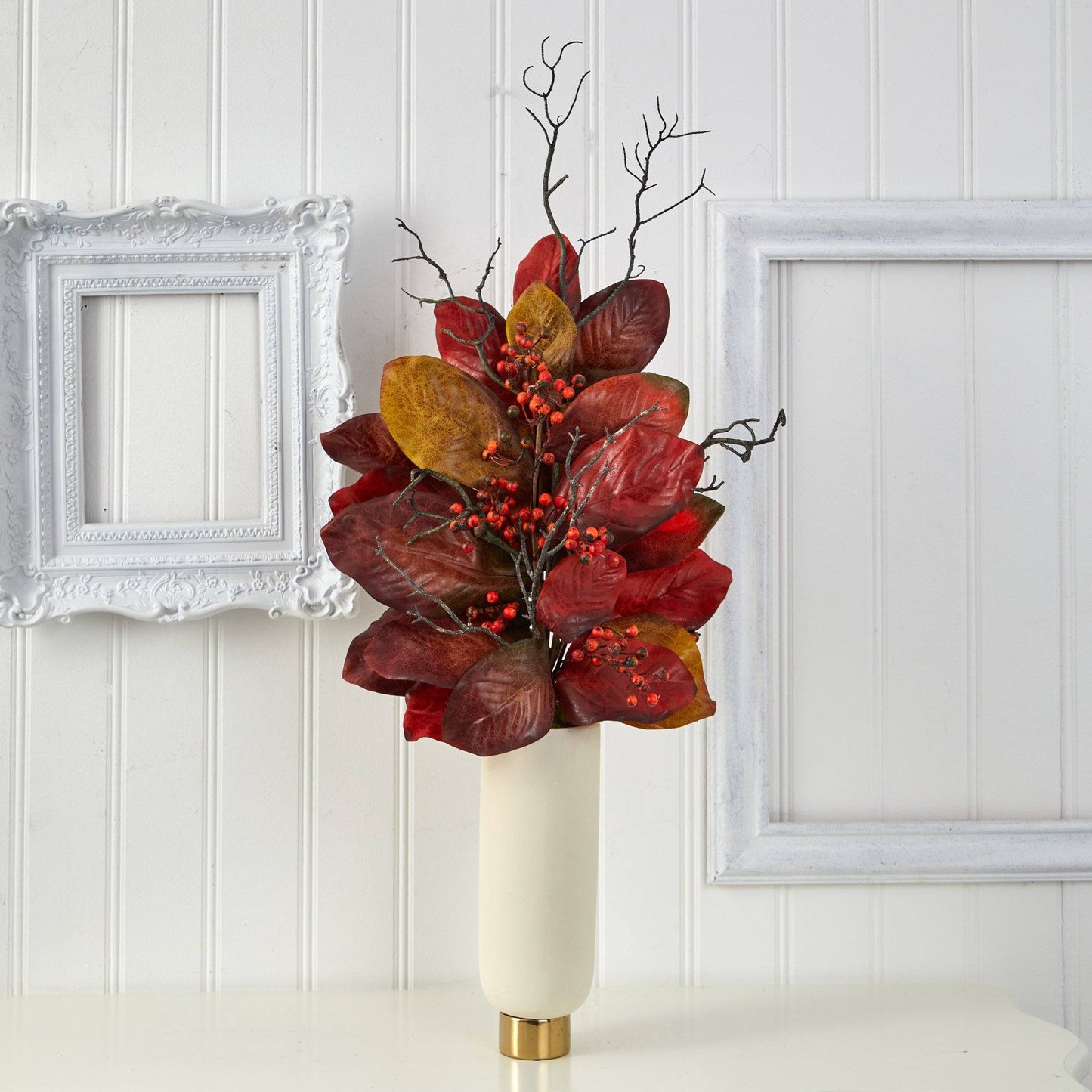 Nearly Natural 38” Autumn Magnolia Leaf with Berries stem in cream planter with gold base on Tampa Home & Garden Store