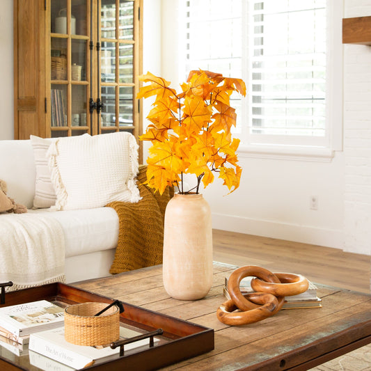 Autumn Maple Leaf artificial flower stems set of 6, Nearly Natural orange leaves in beige vase on Tampa Home & Garden Store