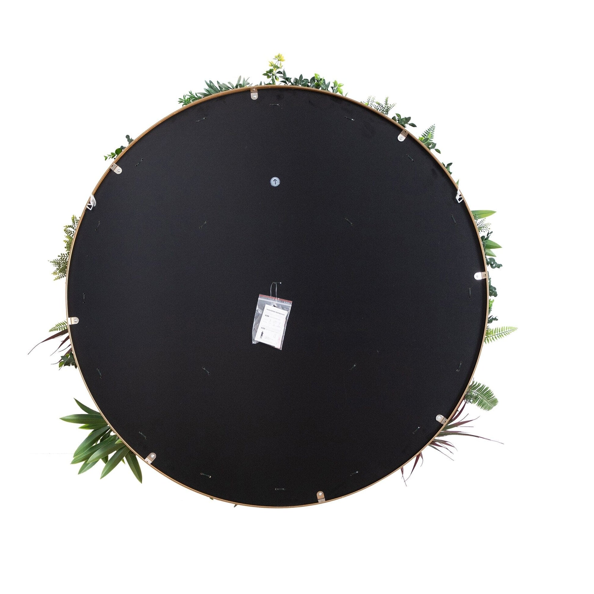 Round 38in wall art panel with black backing in a gold aluminum frame greenery around edge on Tampa Home & Garden Store