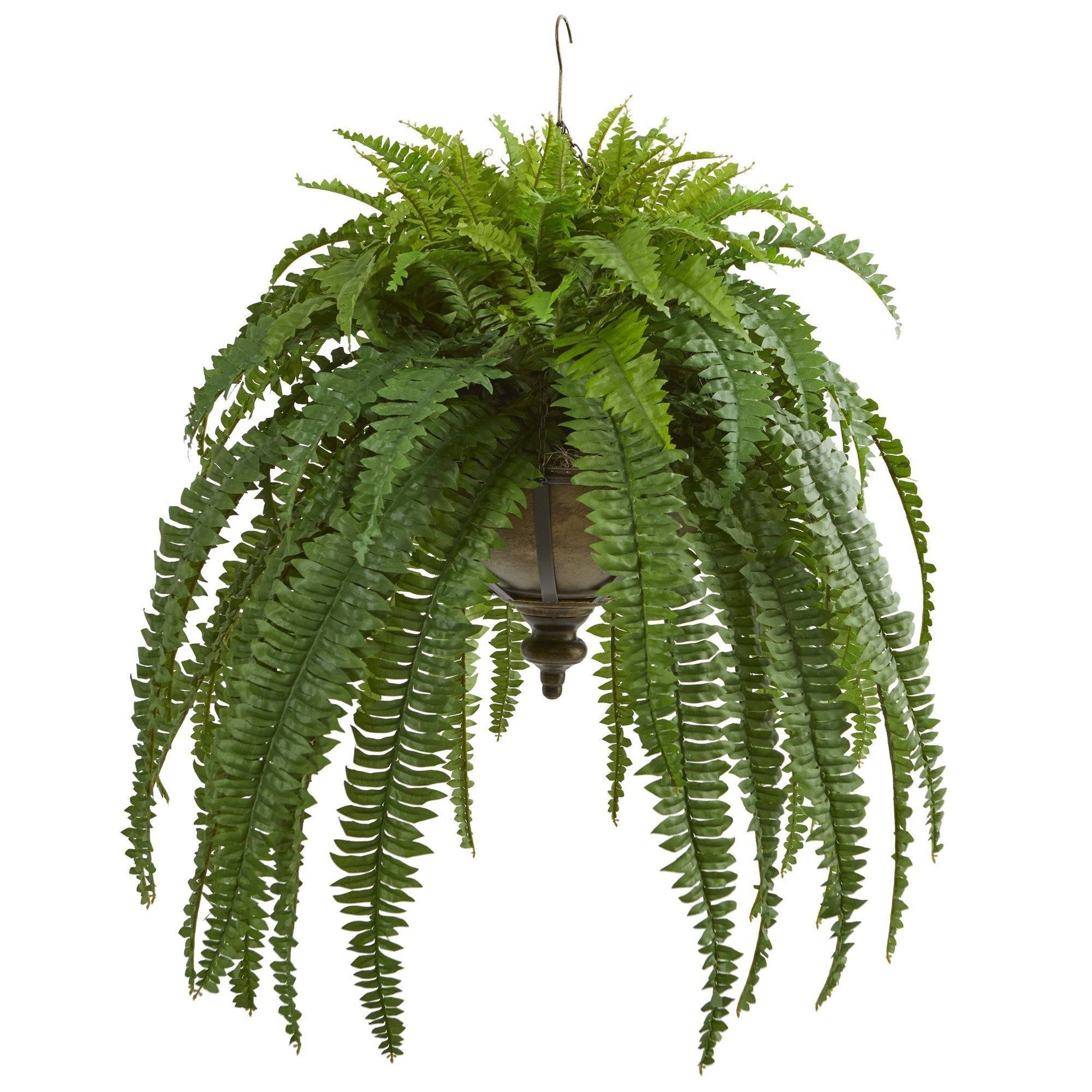 39” Boston Fern artificial hanging plant in metal hanging bowl, green fronds Nearly Natural on Tampa Home & Garden Store