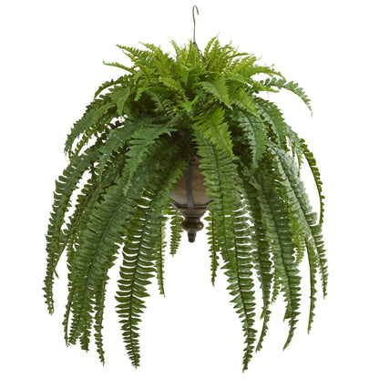 39” Boston Fern artificial hanging plant in metal hanging bowl, green fronds Nearly Natural on Tampa Home & Garden Store