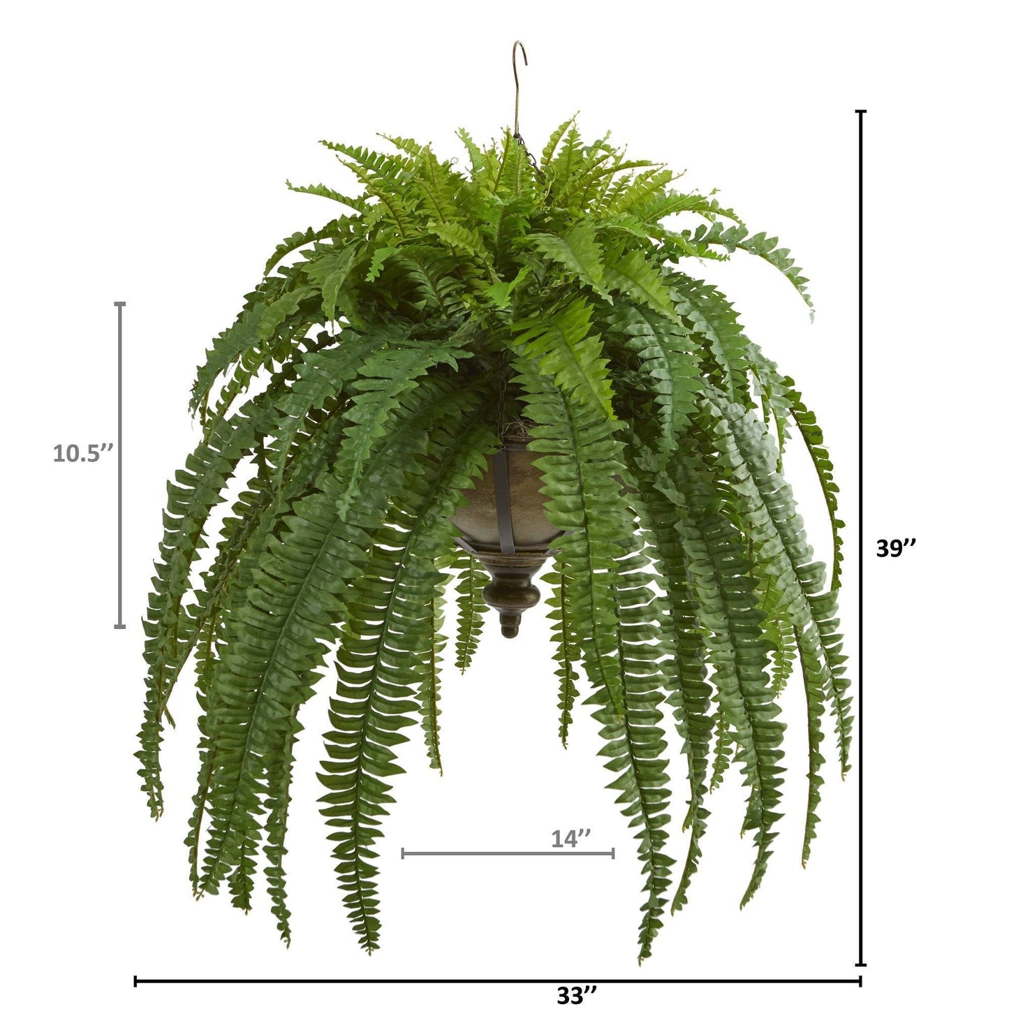 Boston Fern artificial hanging plant 39in in metal bowl by Nearly Natural with fronds on Tampa Home & Garden Store