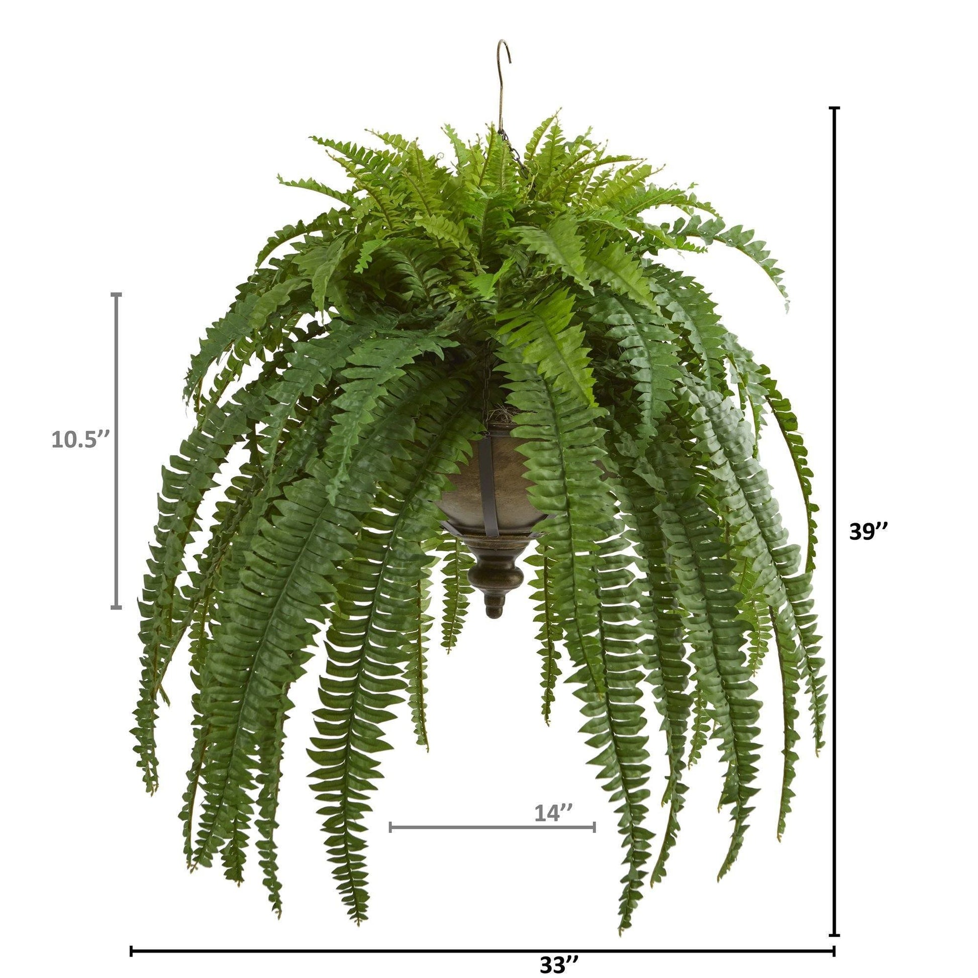 Boston Fern artificial hanging plant 39in in metal bowl by Nearly Natural with fronds on Tampa Home & Garden Store