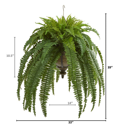 Boston Fern artificial hanging plant 39in in metal bowl by Nearly Natural with fronds on Tampa Home & Garden Store