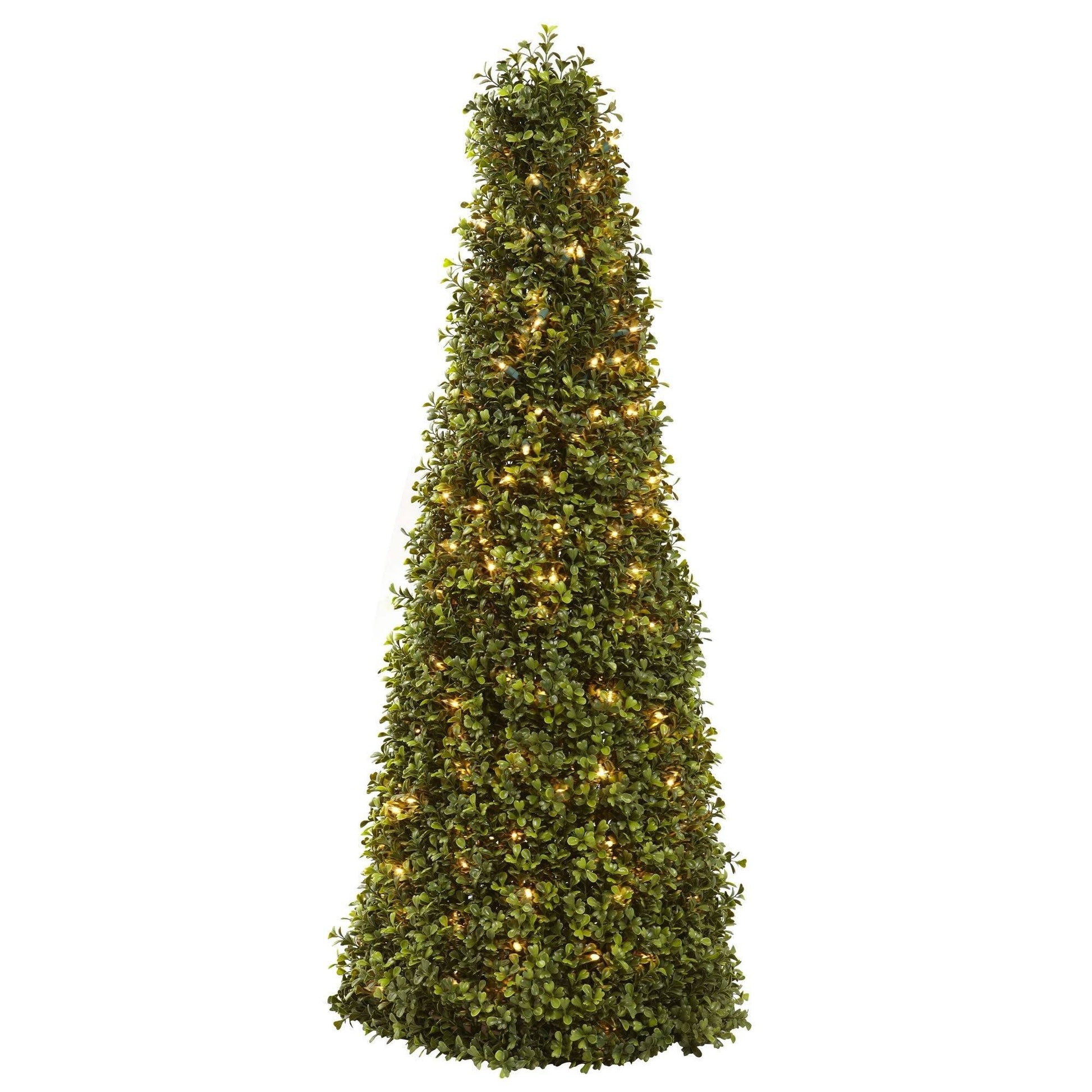 Green boxwood cone topiary with warm lights, 39in tall, Nearly Natural on Tampa Home & Garden Store