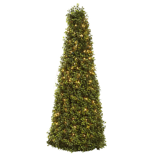 Green boxwood cone topiary with warm lights, 39in tall, Nearly Natural on Tampa Home & Garden Store