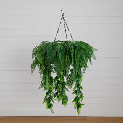 Hanging fern plant 39in UV-resistant artificial mixed ferns in hanging ring Nearly Natural on Tampa Home & Garden Store