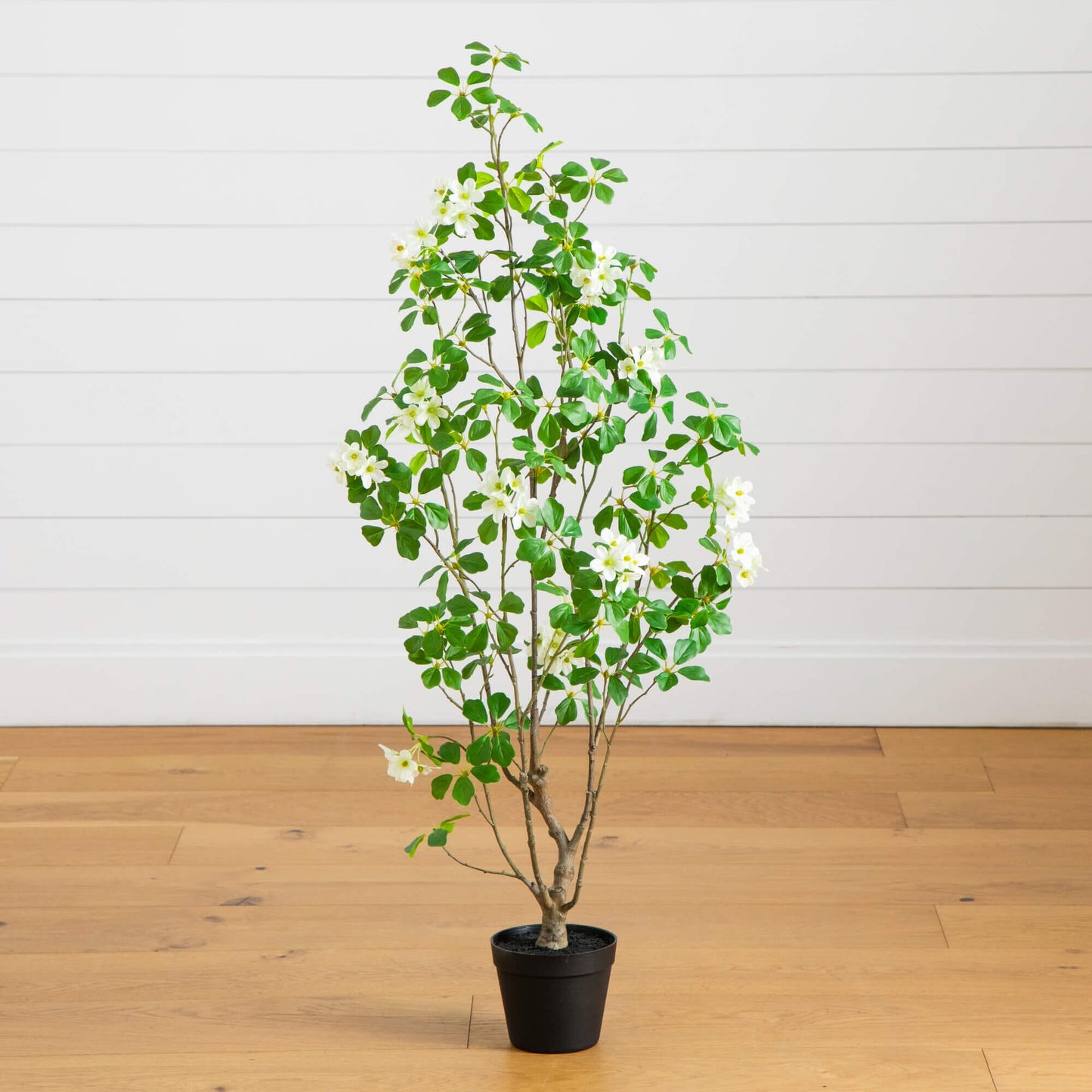 4' Artificial Dogwood Tree Nearly Natural with white flowers and green leaves in black pot on Tampa Home & Garden Store