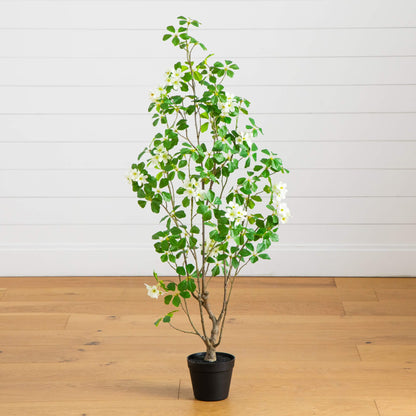 4' Artificial Dogwood Tree Nearly Natural with white flowers and green leaves in black pot on Tampa Home & Garden Store