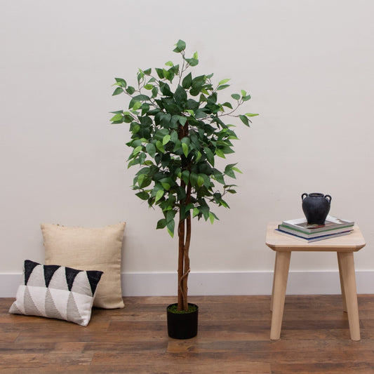 4’ Artificial Double Trunk Ficus Tree, Nearly Natural, lush green leaves in black pot on Tampa Home & Garden Store