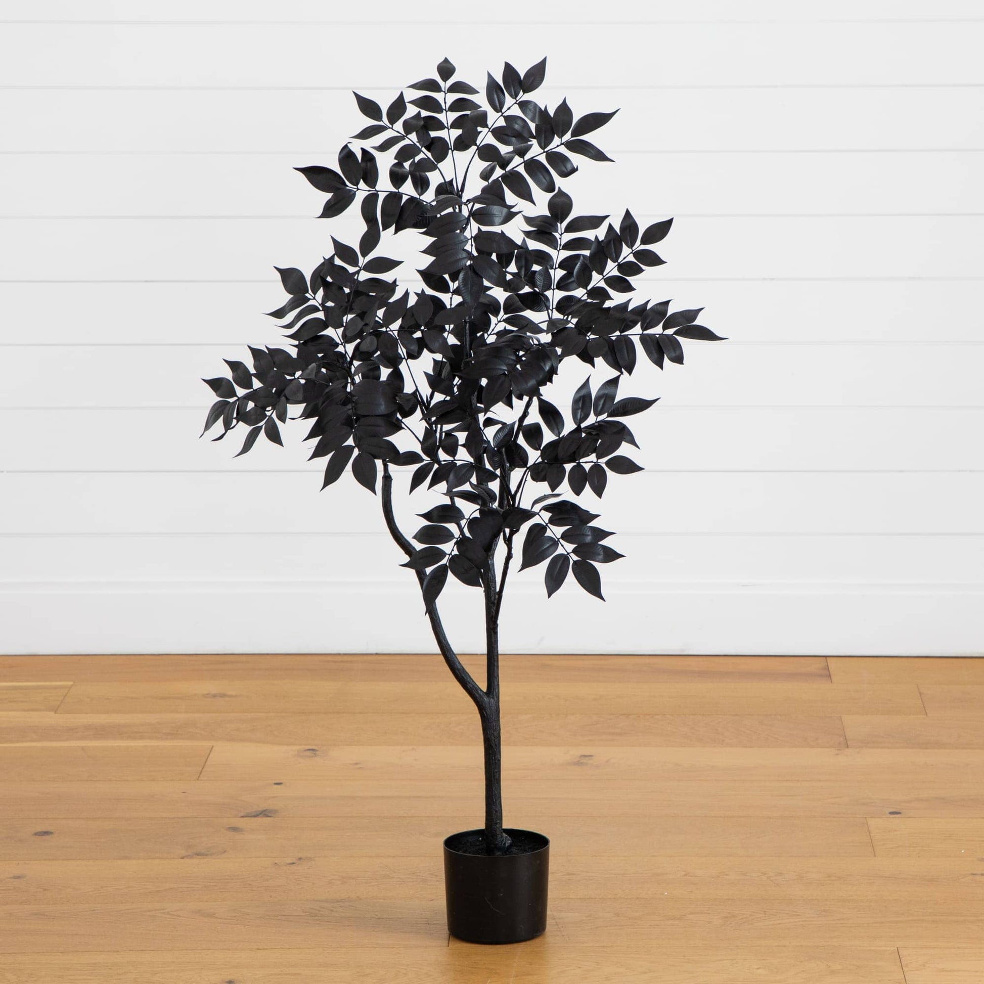 4 ft artificial Halloween Black Sumac Tree by Nearly Natural with dark leaves in a black planter on Tampa Home & Garden Store
