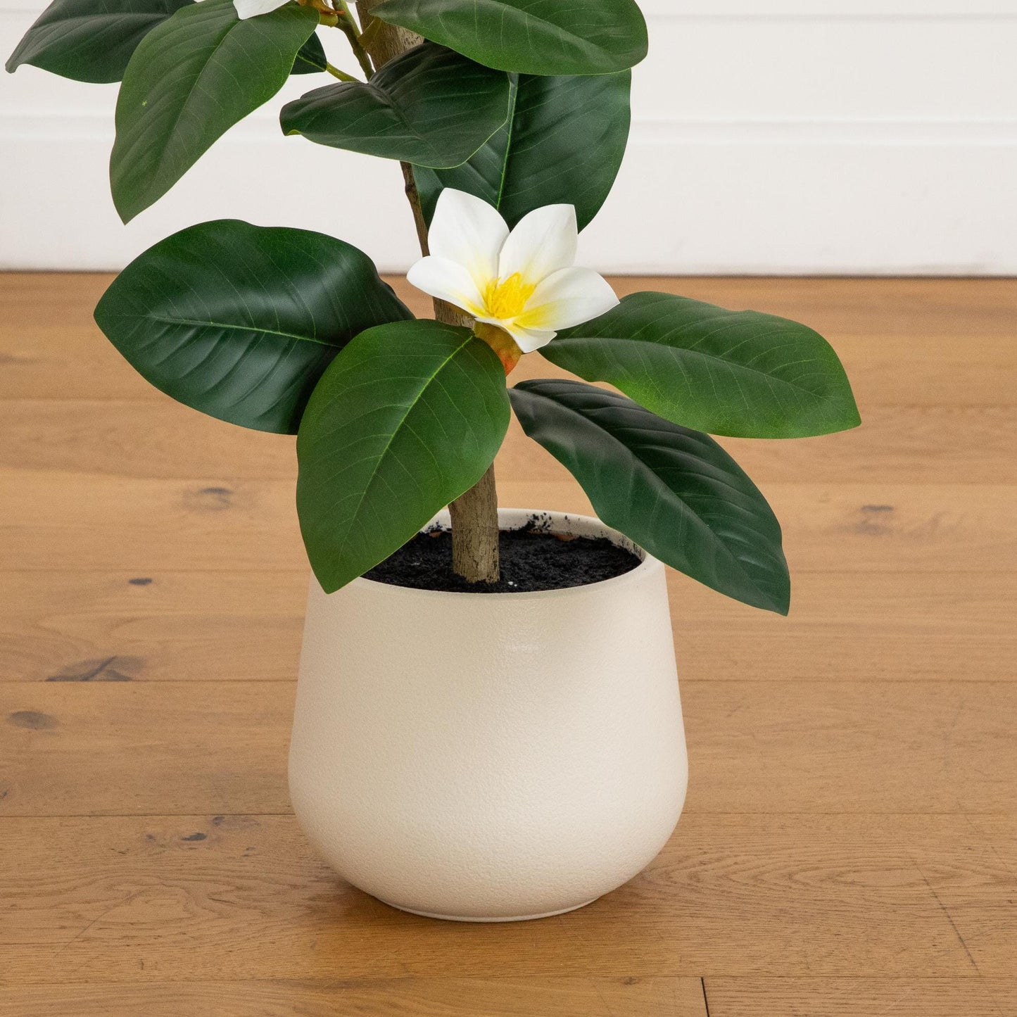 4’ artificial magnolia tree in planter with white bloom and dark green leaves Nearly Natural on Tampa Home & Garden Store