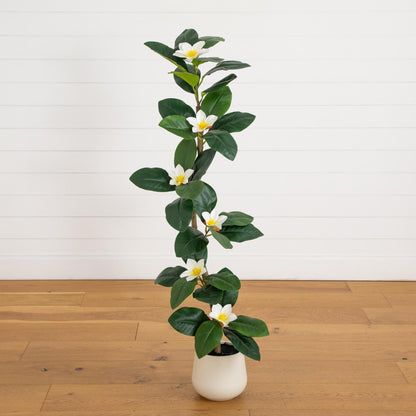 4 ft artificial Magnolia tree with white blooms in a white planter Nearly Natural on Tampa Home & Garden Store