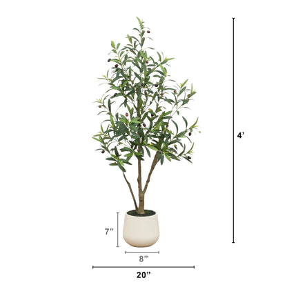4 ft artificial olive tree in white decorative planter, Nearly Natural, with green leaves on Tampa Home & Garden Store