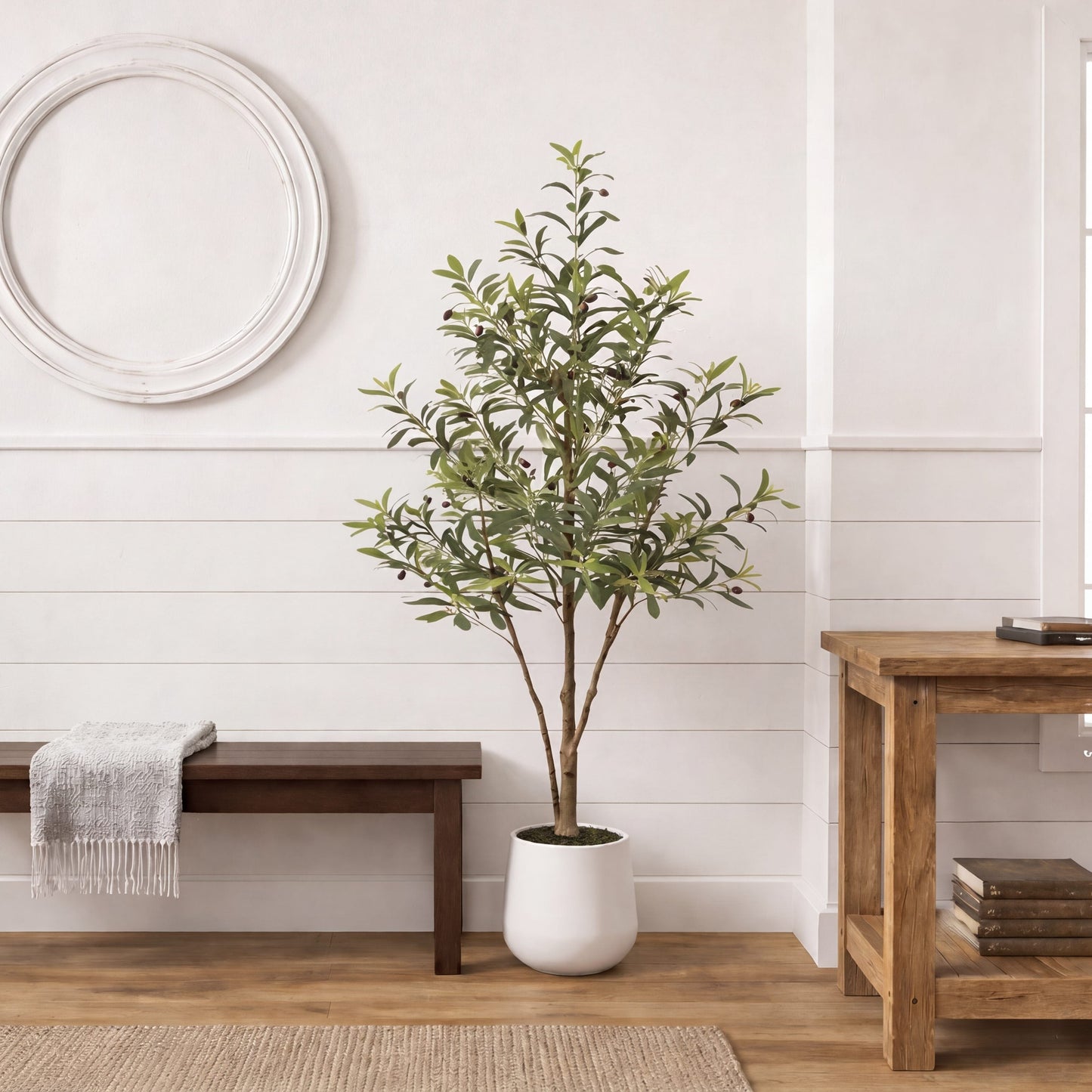 Nearly Natural 4’ artificial olive tree in white decorative planter on Tampa Home & Garden Store