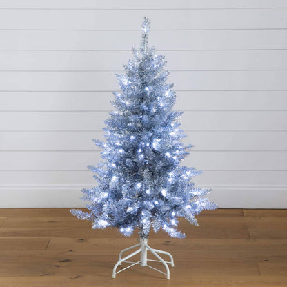 4 ft silver artificial Christmas tree with 130 cool white LEDs on a white metal stand on Tampa Home & Garden Store
