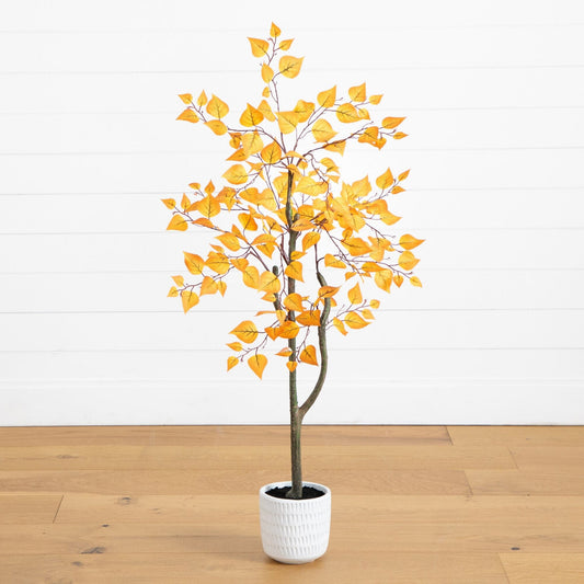 4’ Autumn Birch artificial tree in white decorative planter with orange leaves Nearly Natural on Tampa Home & Garden Store