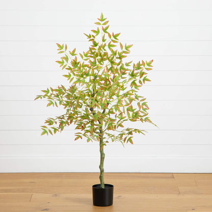 4' Autumn Nandina Artificial Fall Tree green leaves with red-orange edges in black pot on Tampa Home & Garden Store