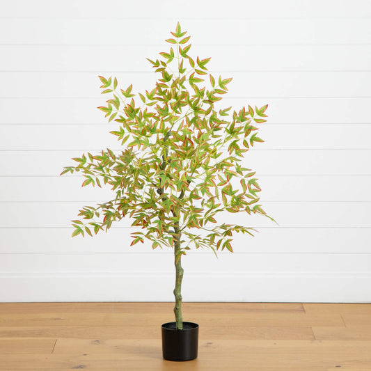 4' Autumn Nandina Artificial Fall Tree green leaves with red-orange edges in black pot on Tampa Home & Garden Store