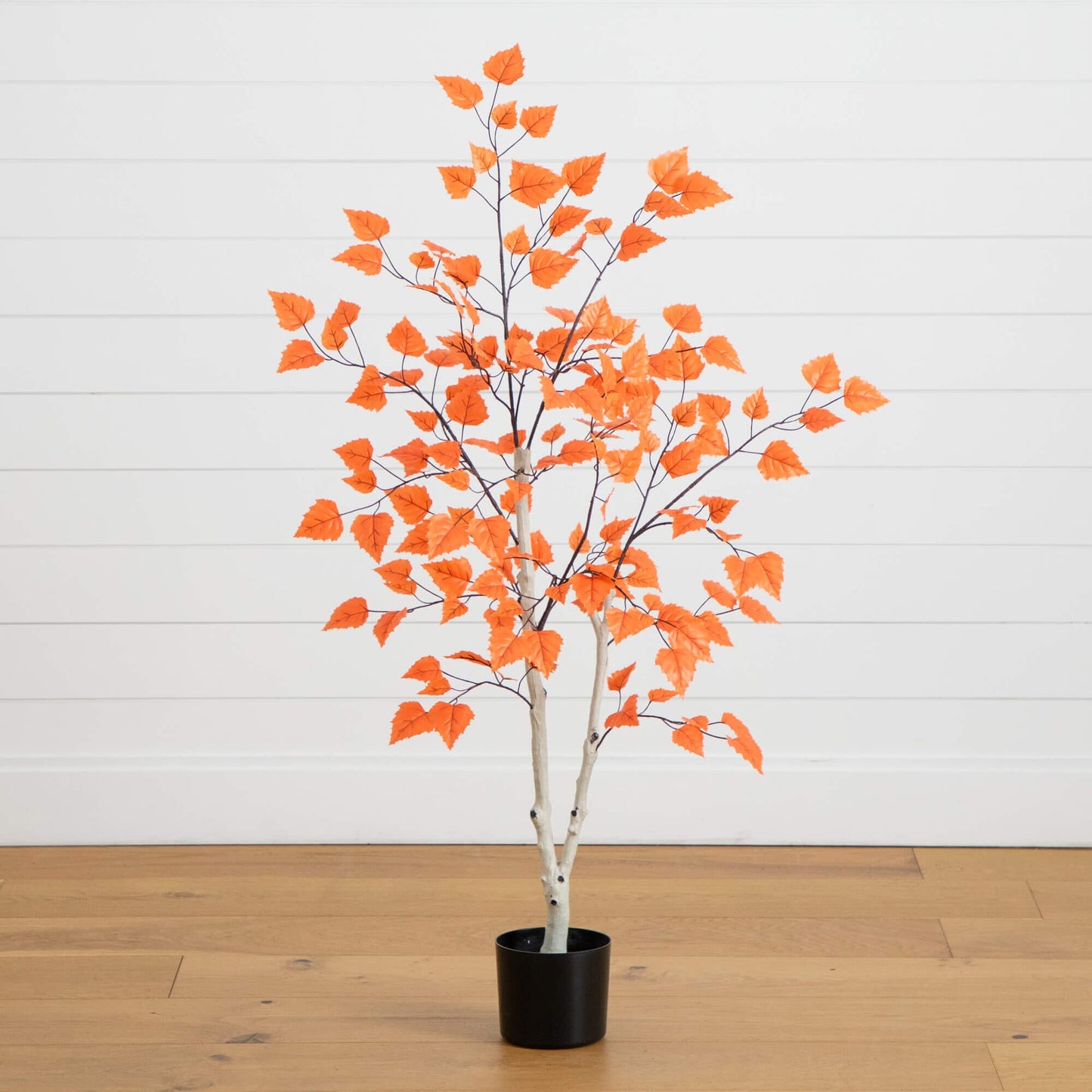 4' Autumn Paper Birch artificial tree with orange leaves in a black pot by Nearly Natural on Tampa Home & Garden Store