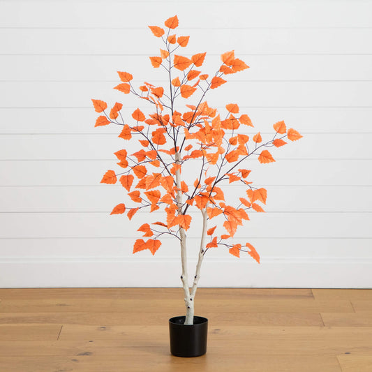 4' Autumn Paper Birch artificial tree with orange leaves in a black pot by Nearly Natural on Tampa Home & Garden Store