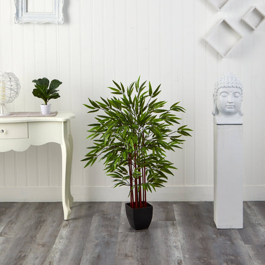 4’ Bamboo Silk Tree w/Planter by Nearly Natural in black square planter on Tampa Home & Garden Store