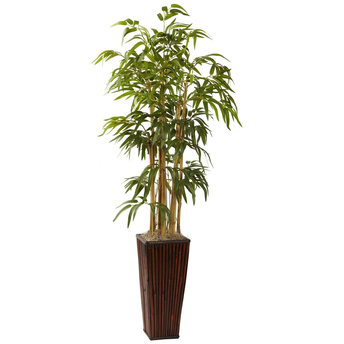 4ft Bamboo with Decorative Planter by Nearly Natural in a tall brown ribbed pot on Tampa Home & Garden Store