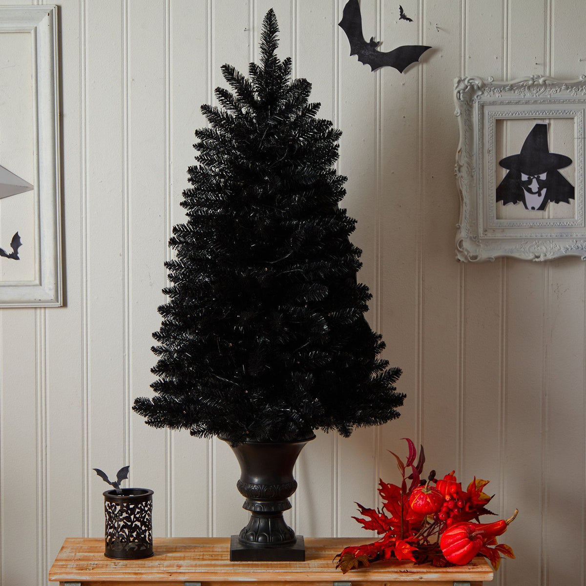 4’ Black Halloween Artificial Christmas Tree in Urn with 100 Orange LED Lights on Tampa Home & Garden Store