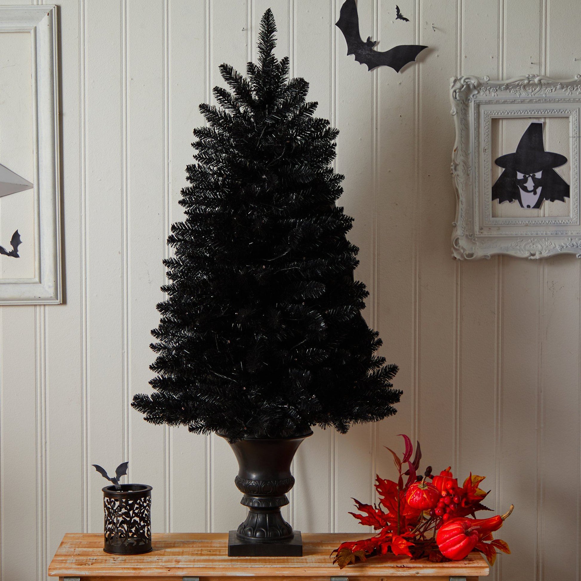 4’ Black Halloween Artificial Christmas Tree in Urn with 100 Orange LED Lights on Tampa Home & Garden Store