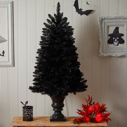 4’ Black Halloween Artificial Christmas Tree in Urn with 100 Orange LED Lights on Tampa Home & Garden Store