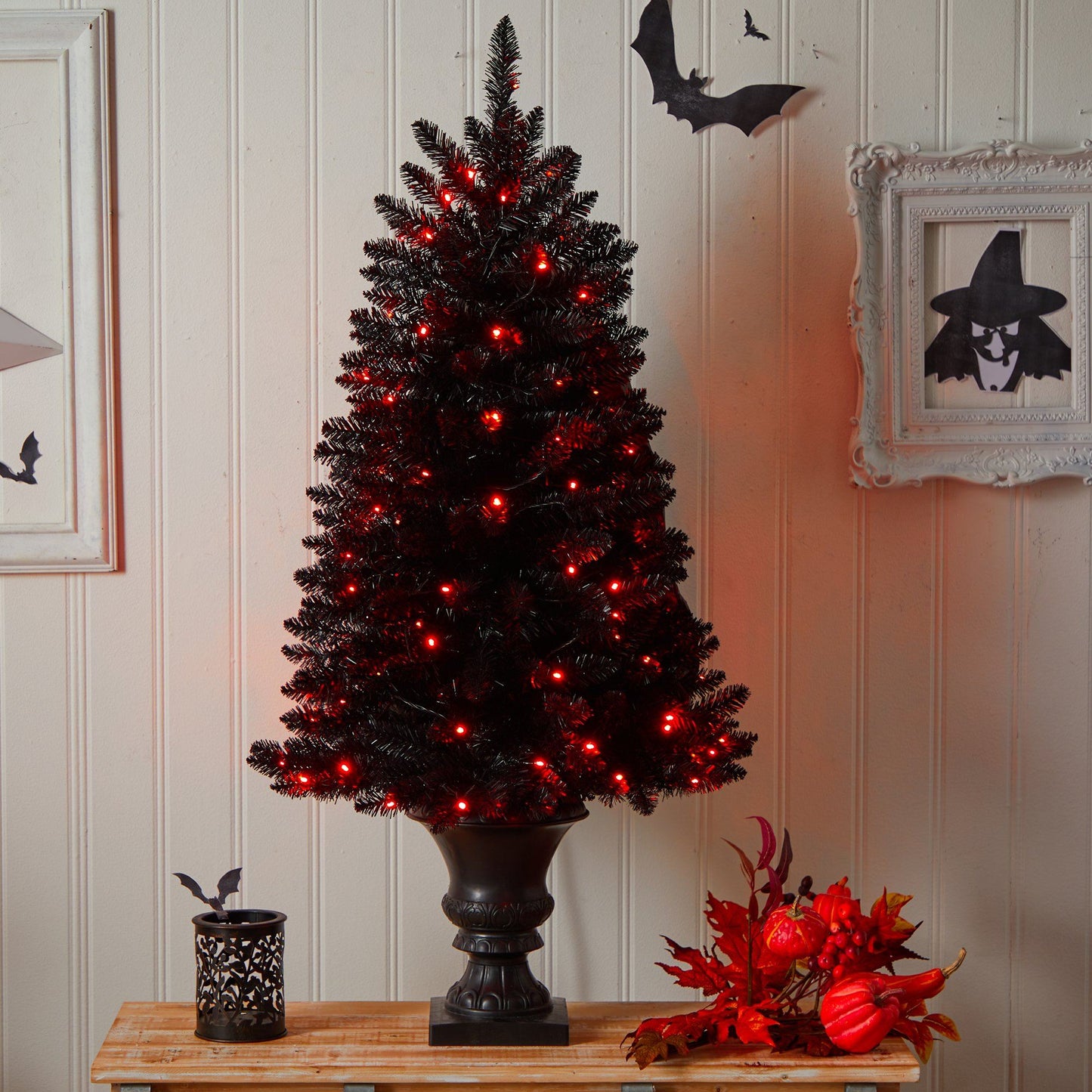 4 ft black Halloween artificial Christmas tree in urn with orange LED lights Nearly Natural on Tampa Home & Garden Store