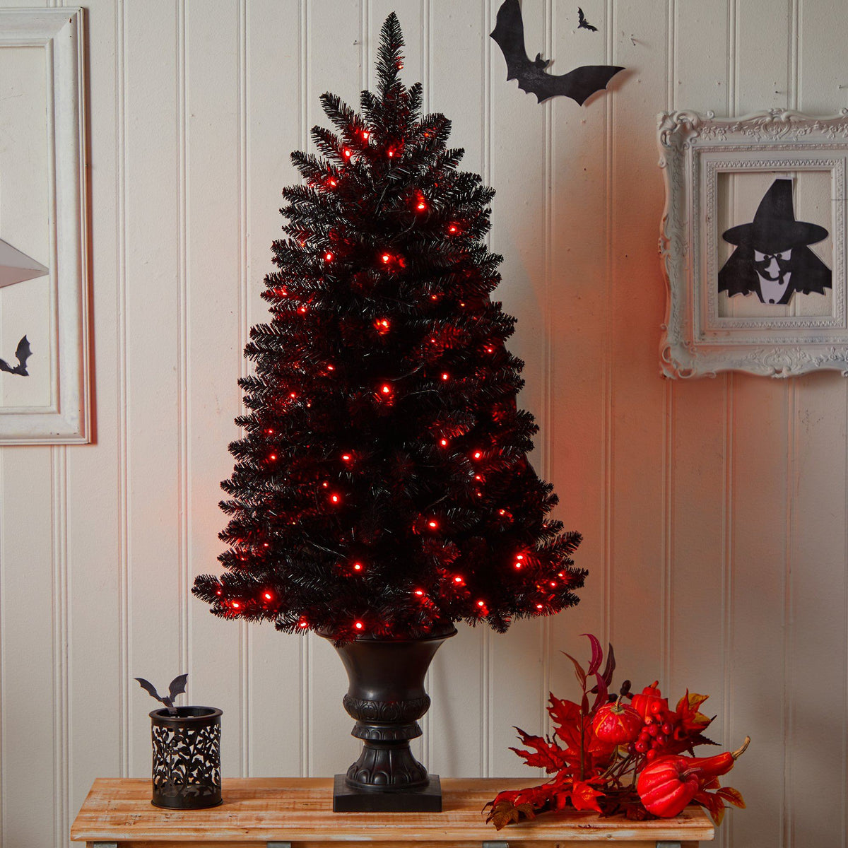 4 ft black Halloween artificial Christmas tree in urn with orange LED lights Nearly Natural on Tampa Home & Garden Store