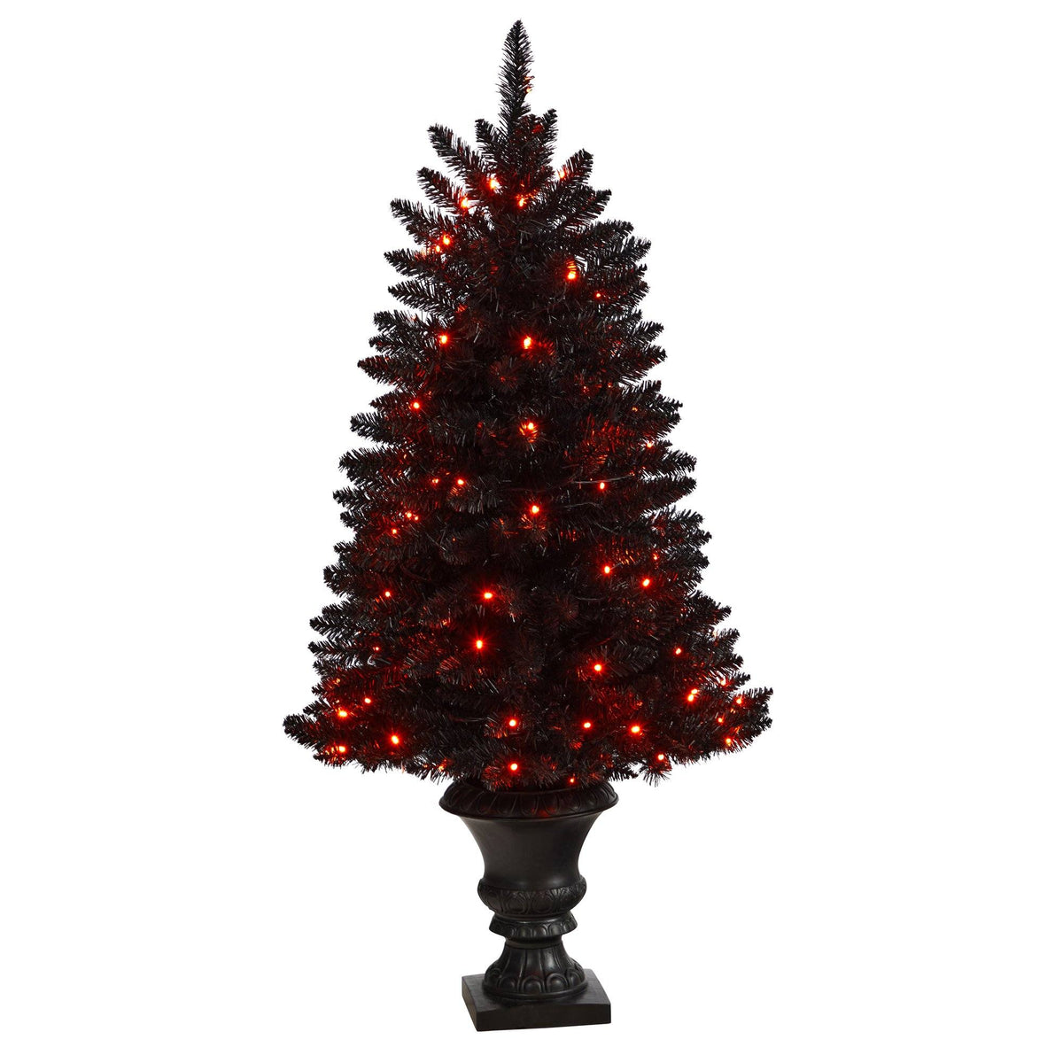 4’ black Halloween artificial Christmas tree in urn with 100 orange LED lights on Tampa Home & Garden Store