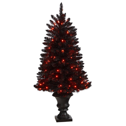 4’ black Halloween artificial Christmas tree in urn with 100 orange LED lights on Tampa Home & Garden Store