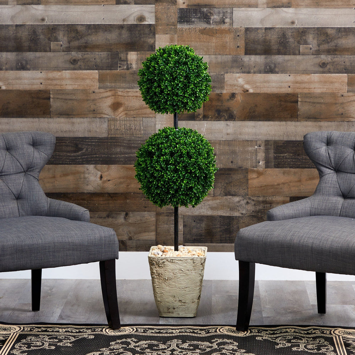 4 ft boxwood double-ball artificial topiary in country white textured planter with decorative pebbles on Tampa Home & Garden Store