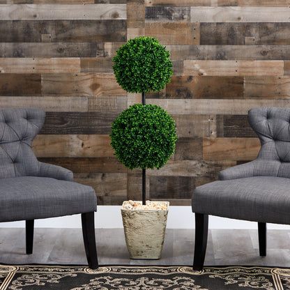 4 ft boxwood double-ball artificial topiary in country white textured planter with decorative pebbles on Tampa Home & Garden Store