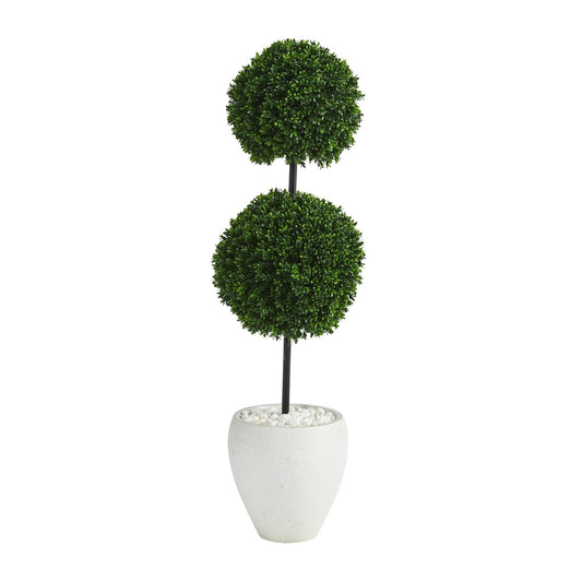 4’ Boxwood Double Ball Artificial Topiary Tree in White Planter  (Indoor/Outdoor) - Tampa Home & Garden Store