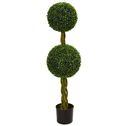 Nearly Natural 4 ft boxwood double-ball topiary with woven trunk UV resistant on Tampa Home & Garden Store
