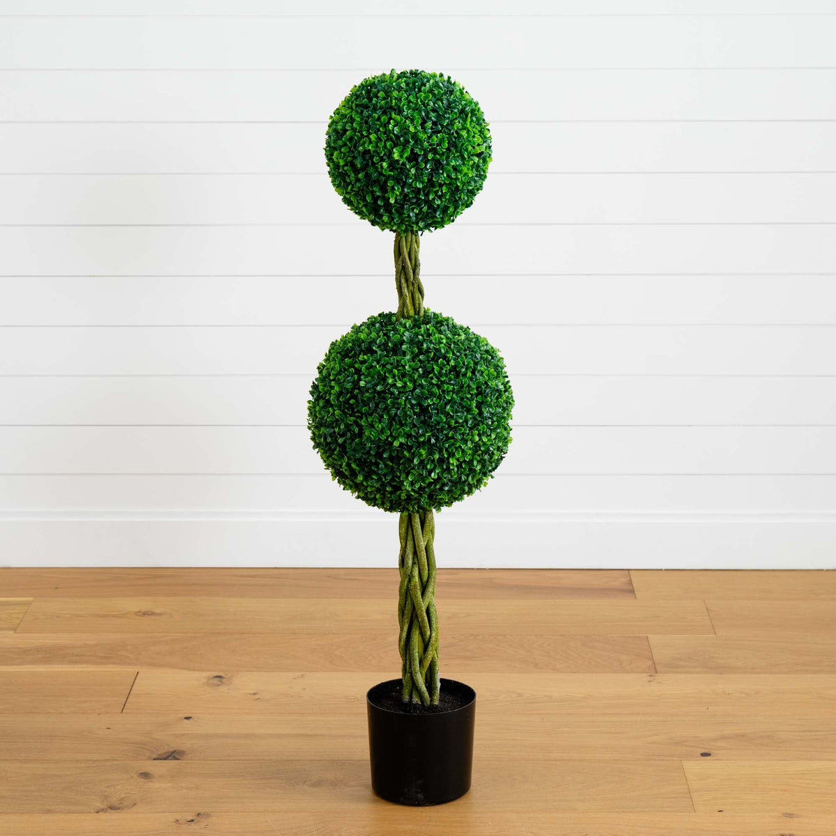 Nearly Natural 4 ft boxwood double-ball topiary with woven trunk in black pot UV resistant indoors outdoors on Tampa Home & Garden Store