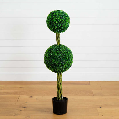 Nearly Natural 4 ft boxwood double-ball topiary with woven trunk in black pot UV resistant indoors outdoors on Tampa Home & Garden Store