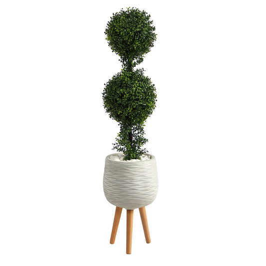 4’ Boxwood Double Ball Topiary Artificial Tree in White Planter with Stand (Indoor/Outdoor) - Tampa Home & Garden Store