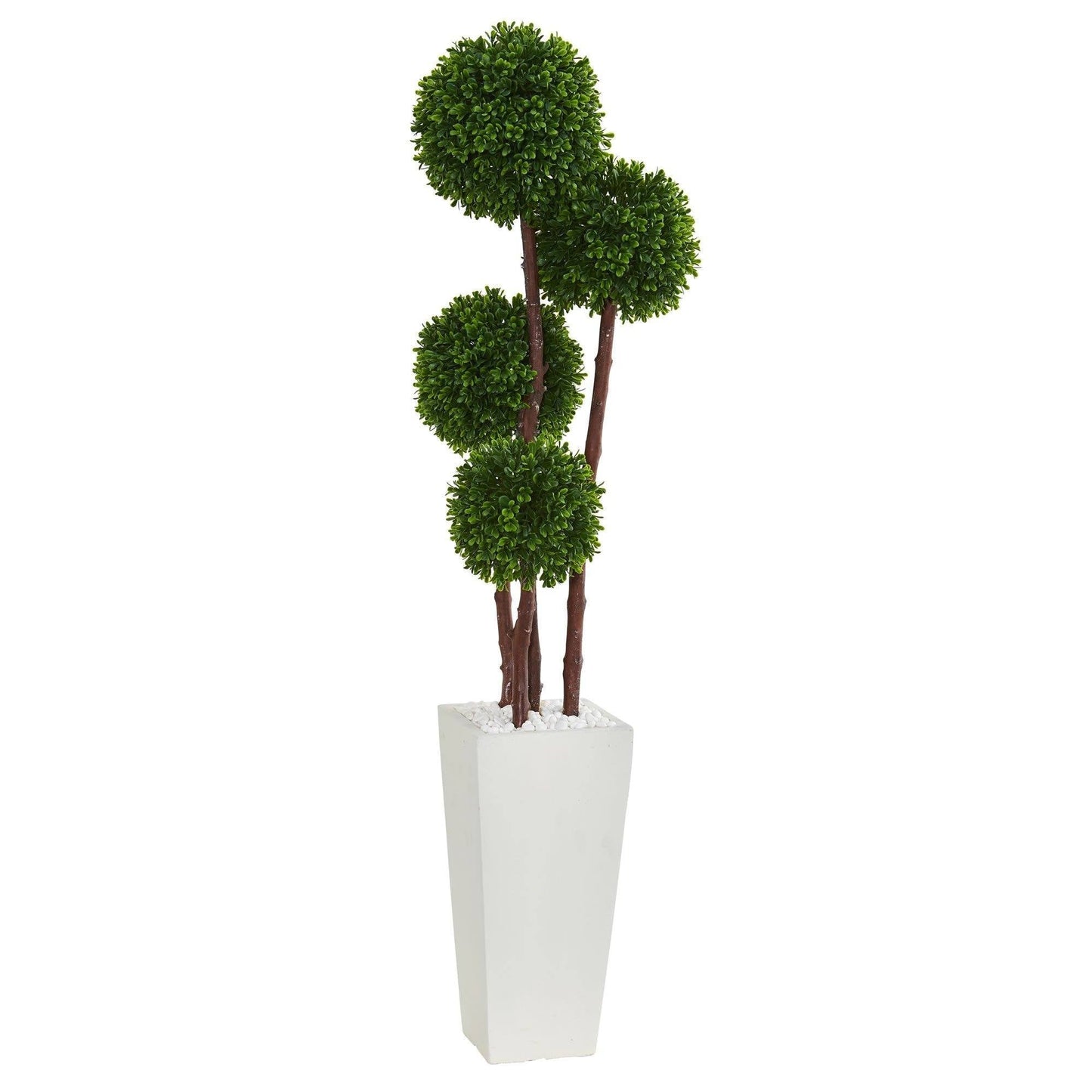 4 ft boxwood topiary artificial tree with 3 trunks in a white planter and pebbled base on Tampa Home & Garden Store
