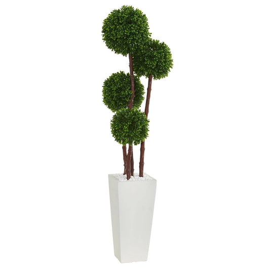 4 ft boxwood topiary artificial tree with 3 trunks in a white planter and pebbled base on Tampa Home & Garden Store