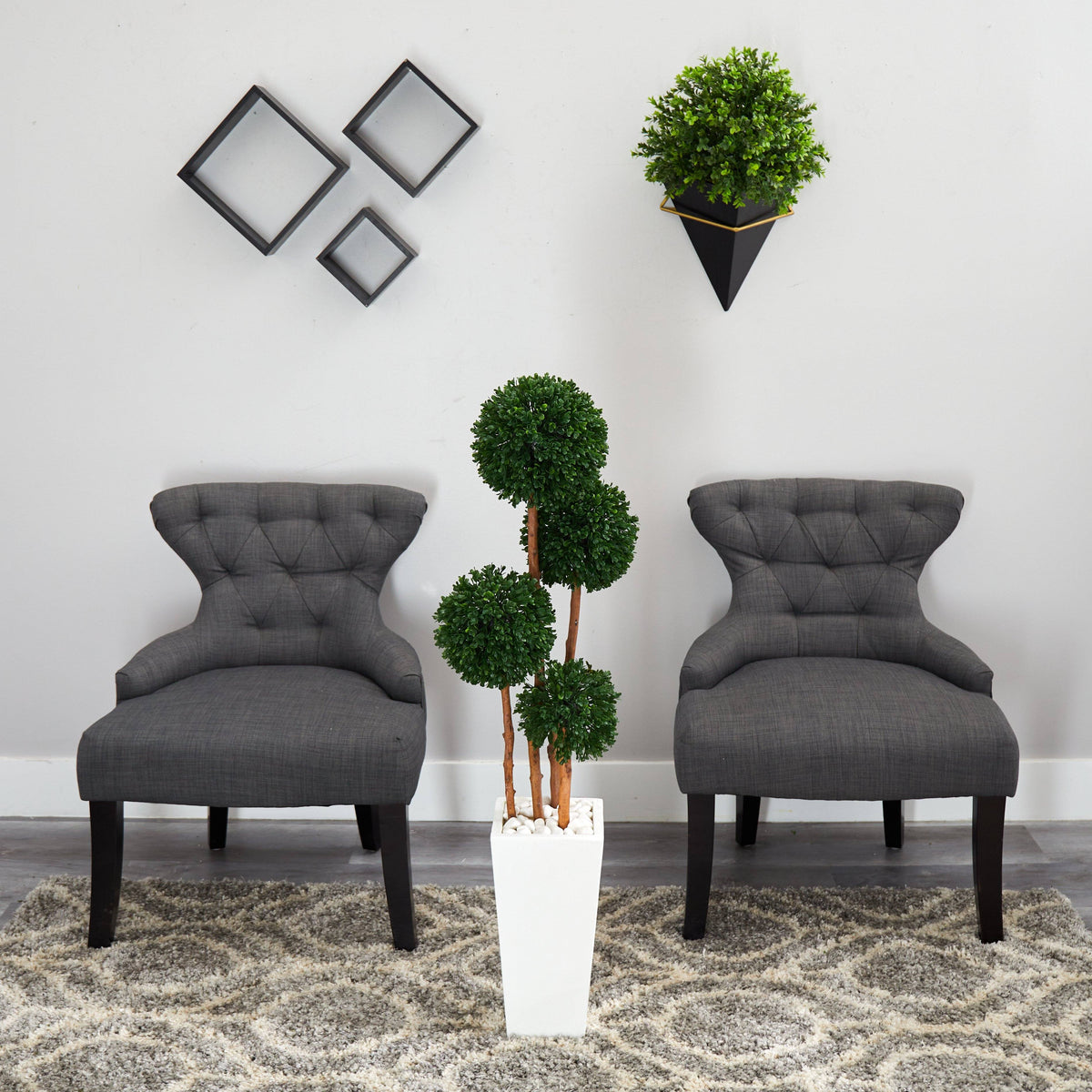 4 ft Boxwood Topiary in Planter by Nearly Natural, green foliage in white planter on Tampa Home & Garden Store