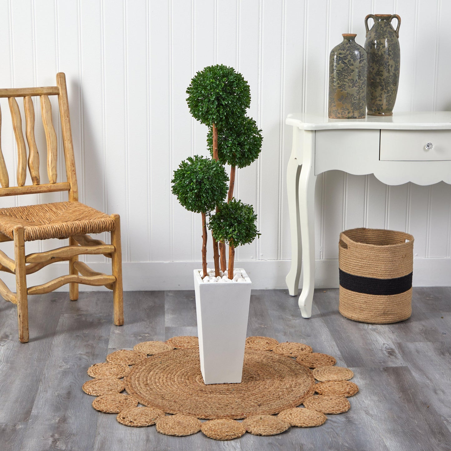 Nearly Natural 4 ft boxwood topiary artificial tree in a white square planter indoor/outdoor on Tampa Home & Garden Store
